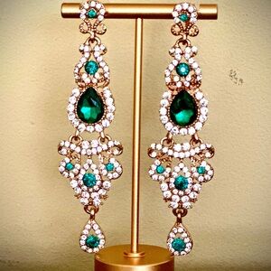 Gold Emerald Green Chandelier Earrings Long Rhinestone Prom Bridal pageant